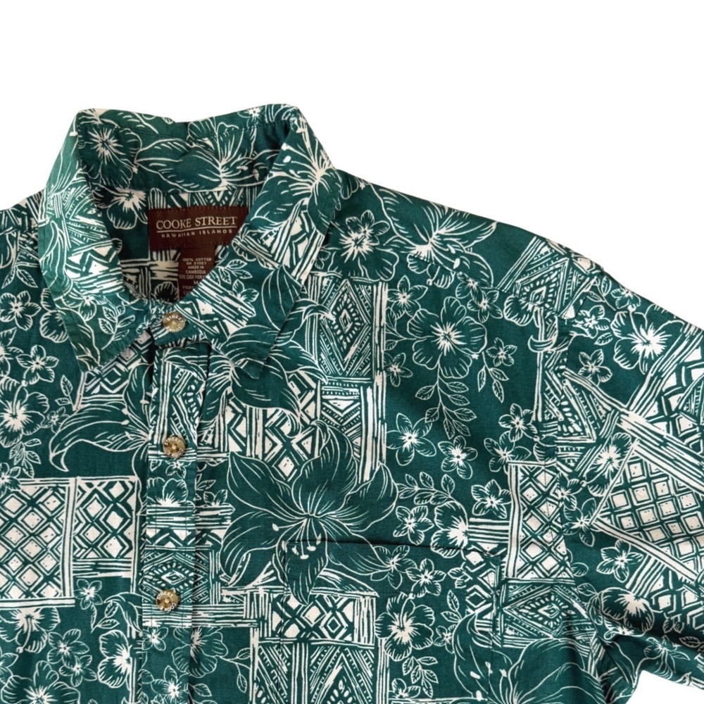 Cooke Street Hawaiian Shirt Mens Medium Green Floral Tapa Print Cotton Aloha Top